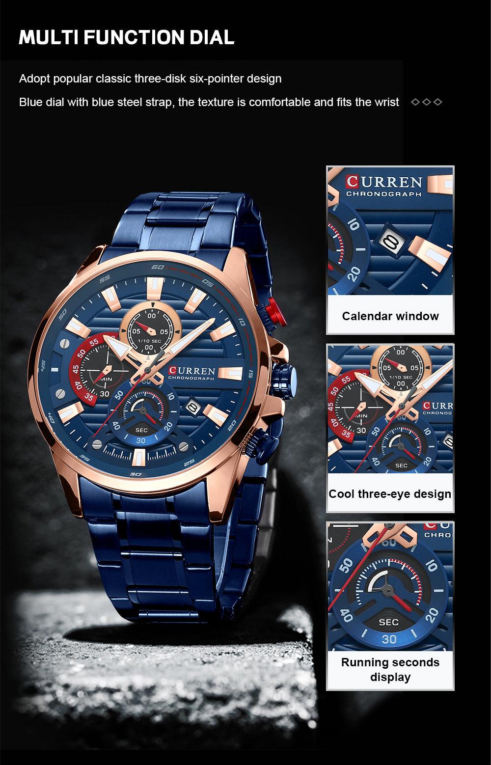 Men's Calendar Watch With Steel Band Six-hand Quartz - Trendha