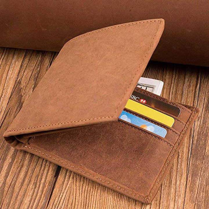 Men's Crazy Horse Leather Leather Lettering Laser Mark Wallet - Trendha