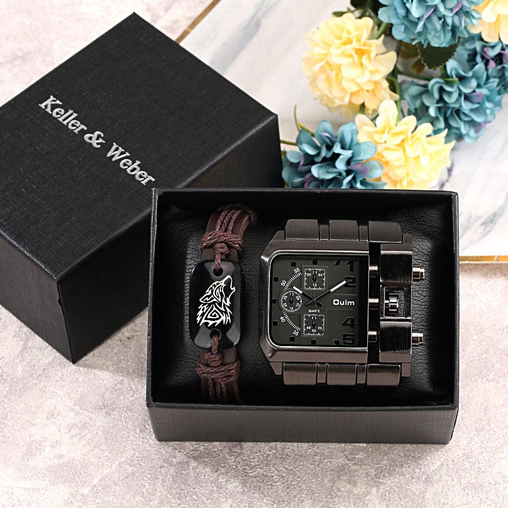 Men's Large Dial Quartz Watch Plus Bracelet Set - Trendha