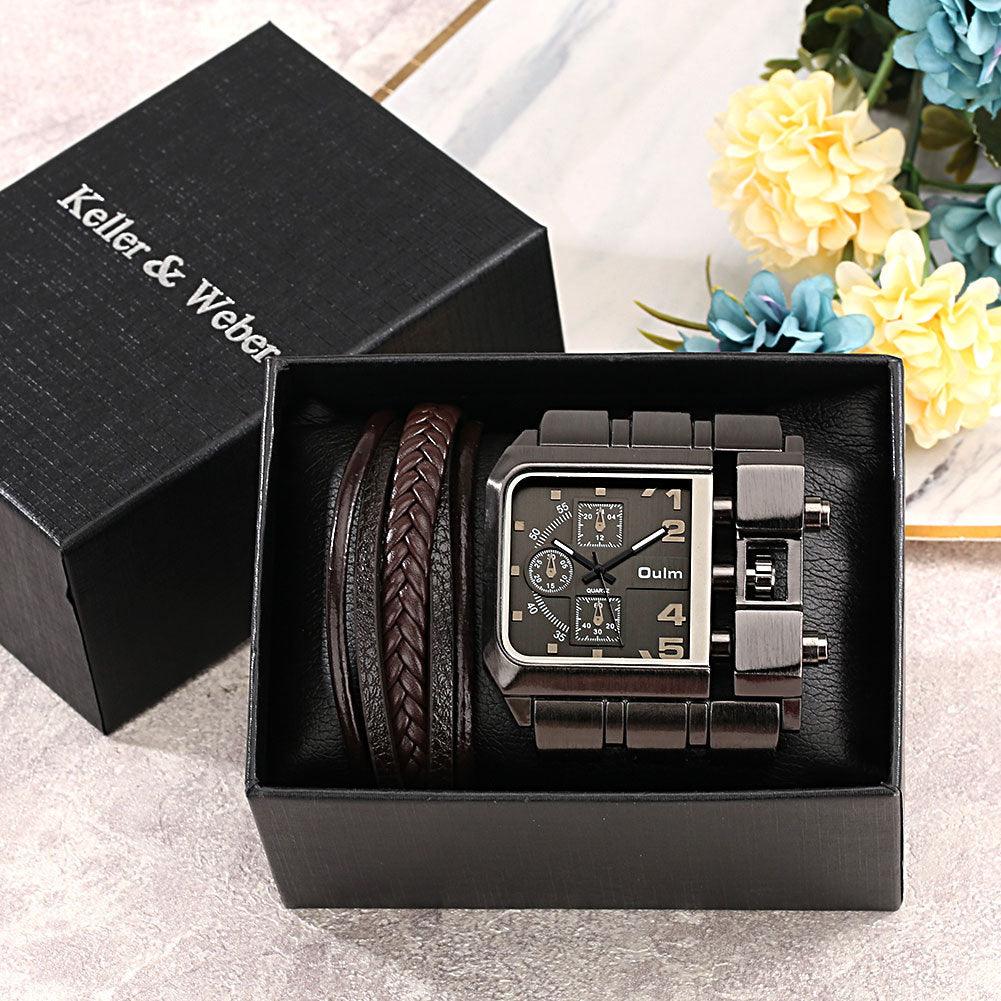 Men's Large Dial Quartz Watch Plus Bracelet Set - Trendha