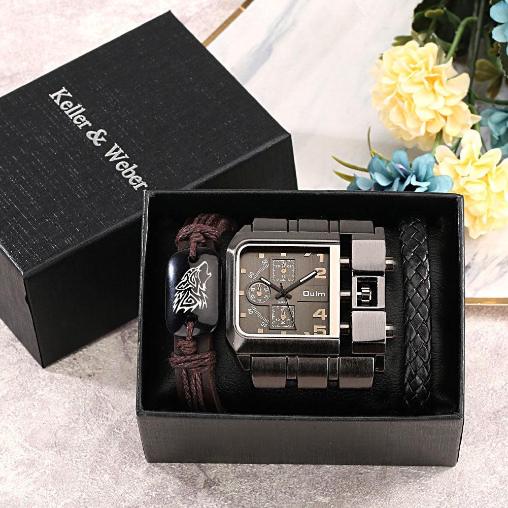 Men's Large Dial Quartz Watch Plus Bracelet Set - Trendha