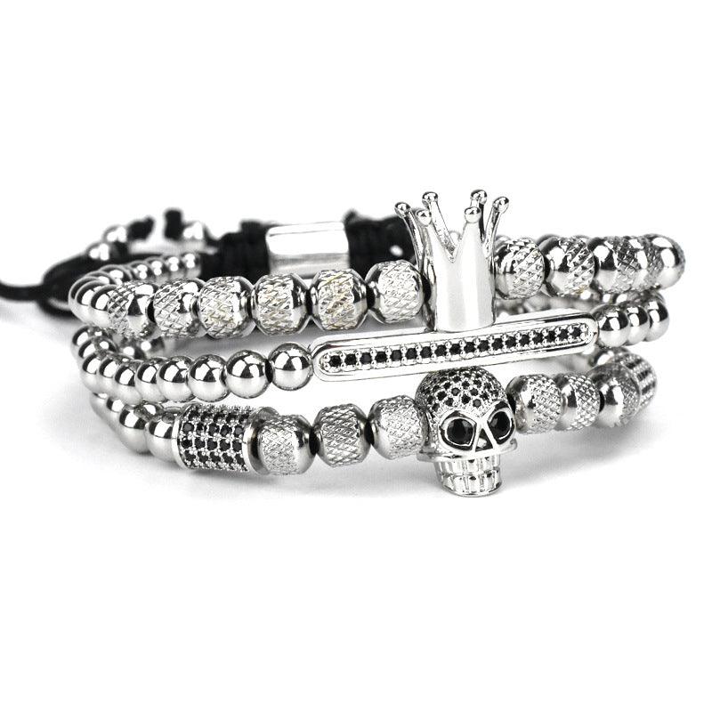 Men's Retro Crown Ghost Head Braided Stainless Steel Skull Bracelet Set - Trendha