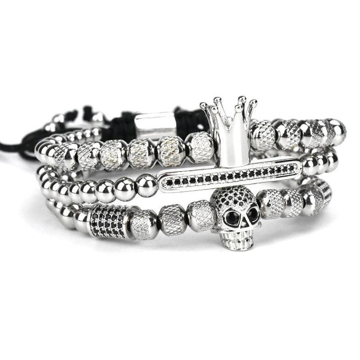Men's Retro Crown Ghost Head Braided Stainless Steel Skull Bracelet Set - Trendha
