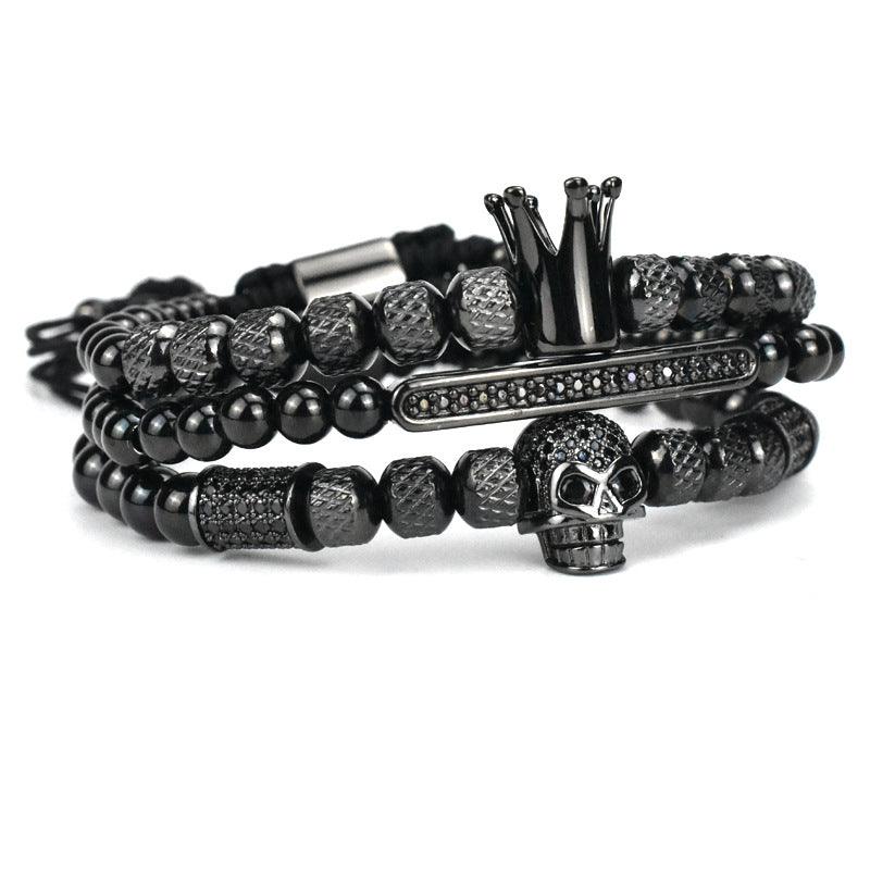 Men's Retro Crown Ghost Head Braided Stainless Steel Skull Bracelet Set - Trendha