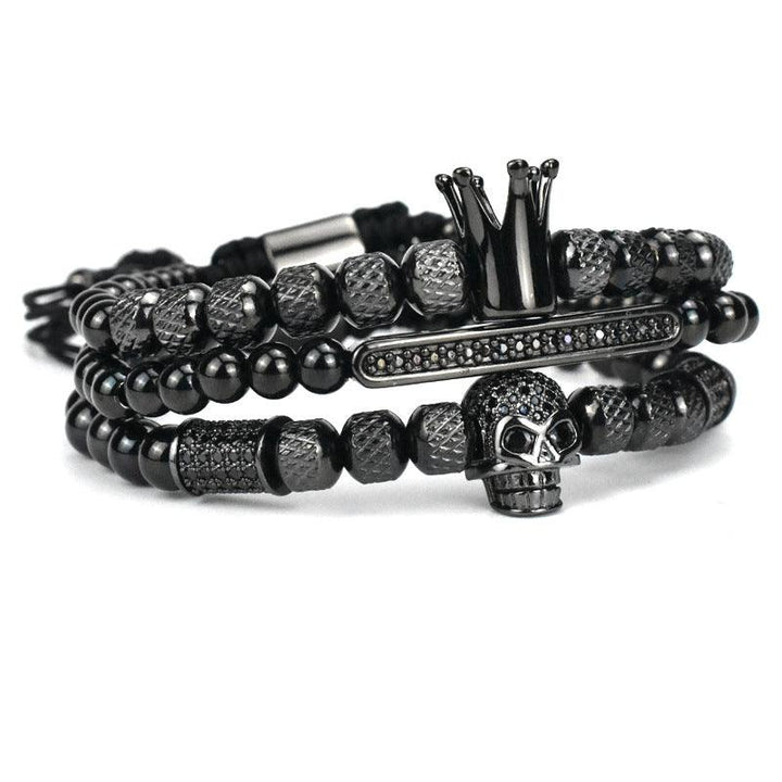 Men's Retro Crown Ghost Head Braided Stainless Steel Skull Bracelet Set - Trendha