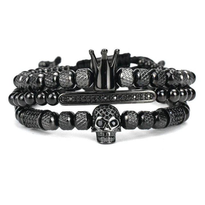 Men's Retro Crown Ghost Head Braided Stainless Steel Skull Bracelet Set - Trendha