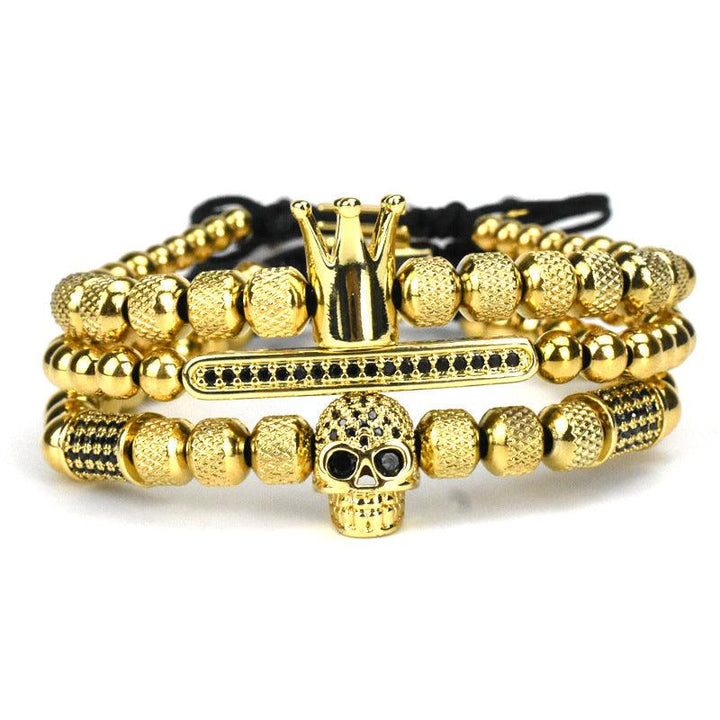 Men's Retro Crown Ghost Head Braided Stainless Steel Skull Bracelet Set - Trendha