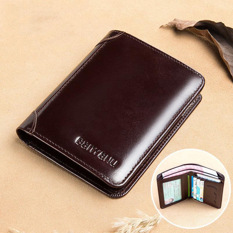 Men's Short Matte Leather Tri-fold Vertical Wallet - Trendha