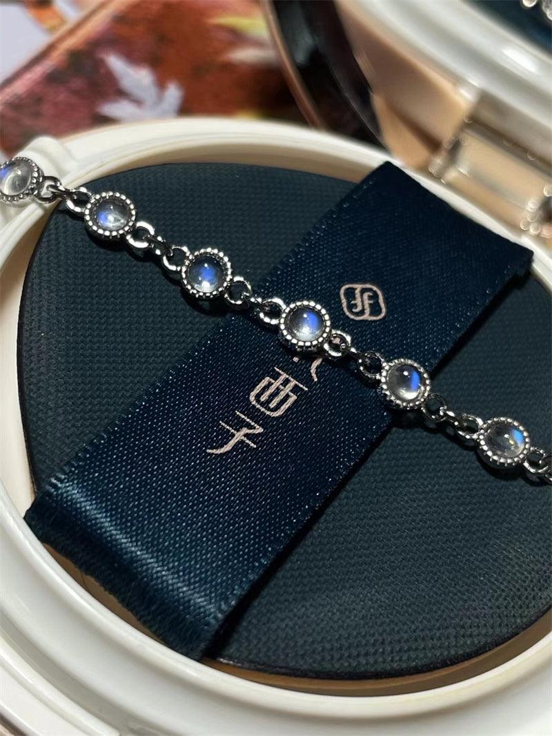 Natural Blue Moonlight Stone Silver 925 Inlaid Edge Bracelet - Trendha