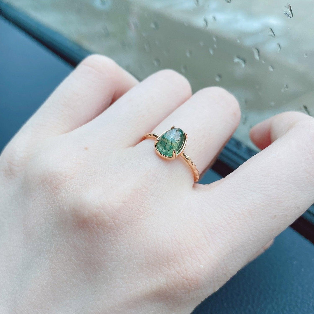 Natural Seaweed Green Agate 925 Silver Ring - Trendha