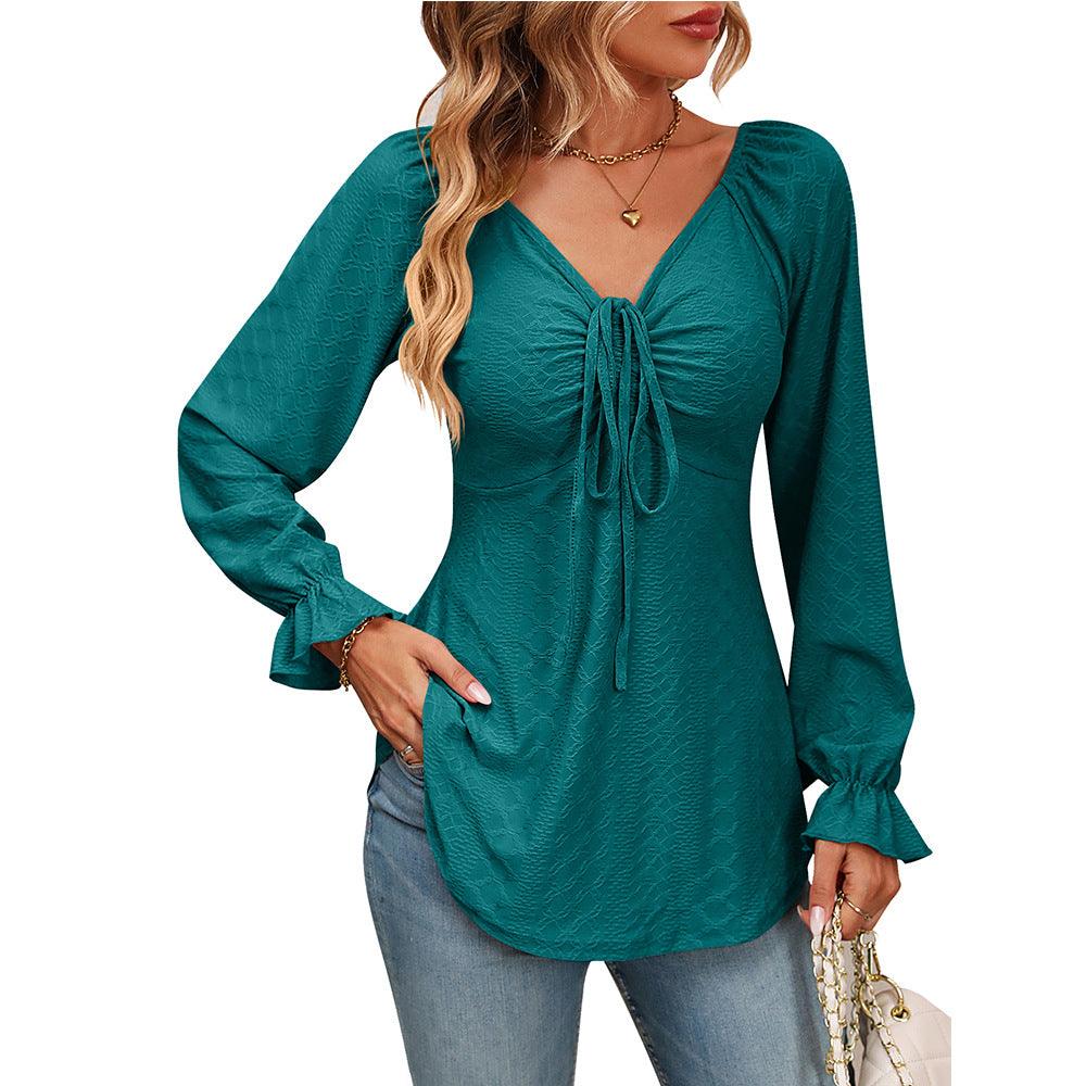 New European And American V-neck Drawstring Waist Sexy Long Sleeve Solid Color T-shirt - Trendha