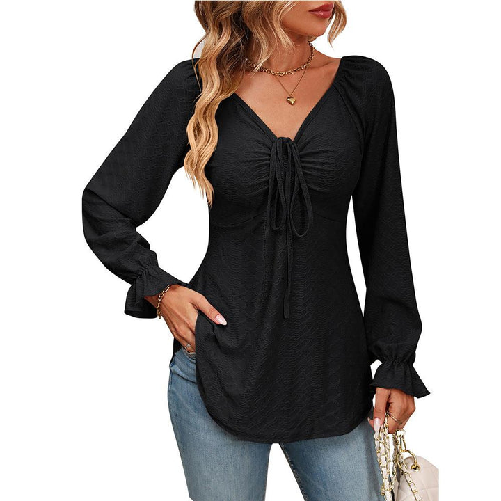 New European And American V-neck Drawstring Waist Sexy Long Sleeve Solid Color T-shirt - Trendha