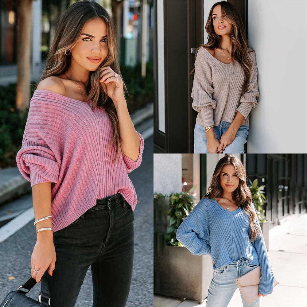 New Fashion Solid Color Long Sleeve V-neck Loose Casual Sweater - Trendha