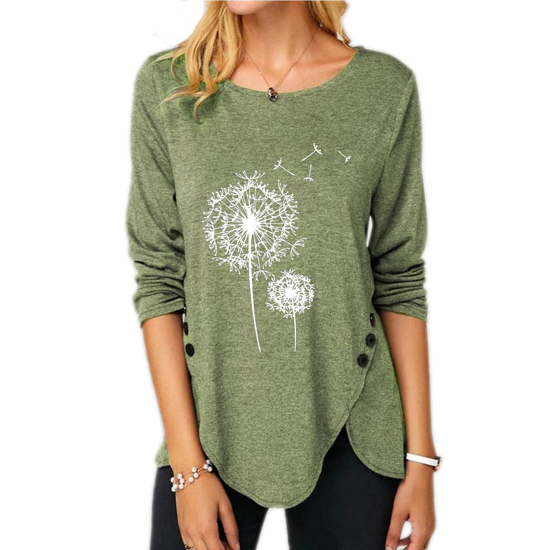 New Irregular Button Long Sleeve Round Neck Women's Printed Wear T-shirt - Trendha