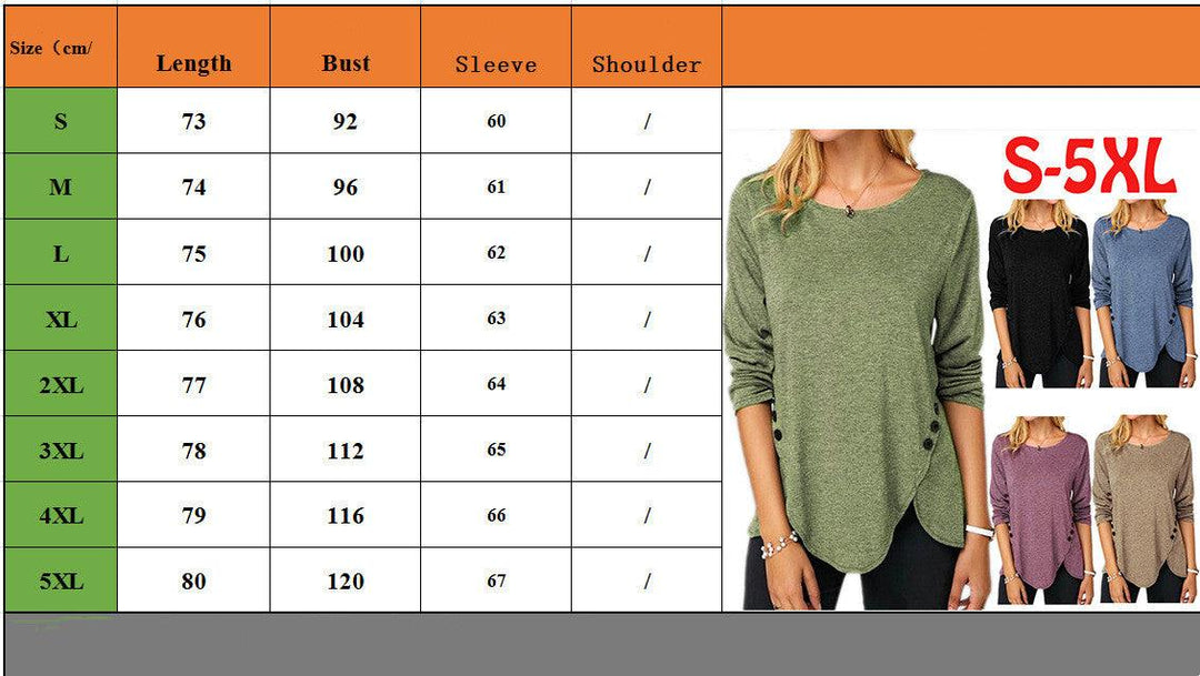 New Irregular Button Long Sleeve Round Neck Women's Printed Wear T-shirt - Trendha