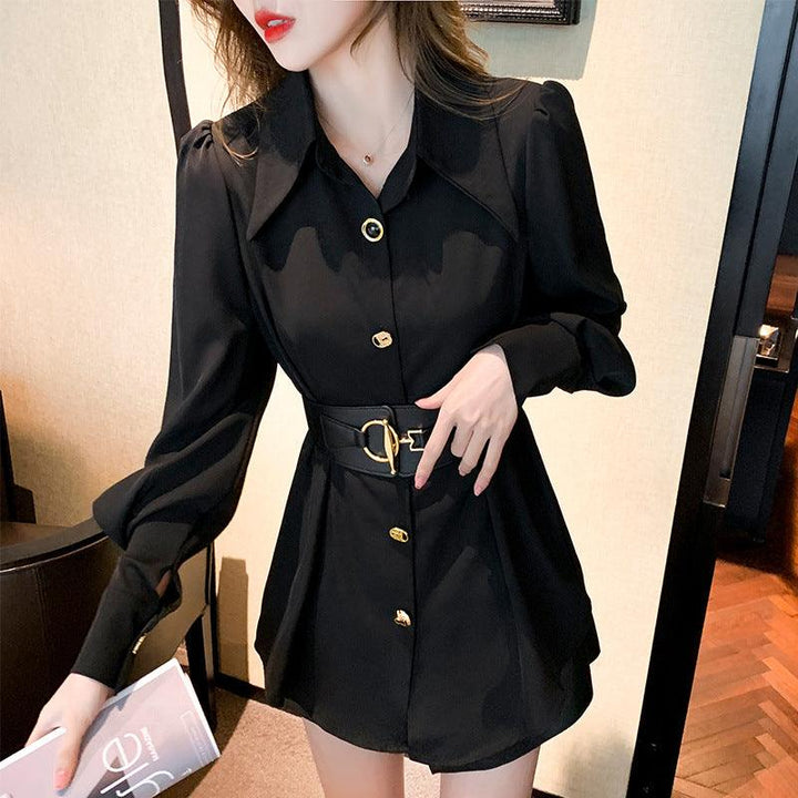 New Spring Elegant Long Sleeve Blouse Metal Buckle With Belt - Trendha