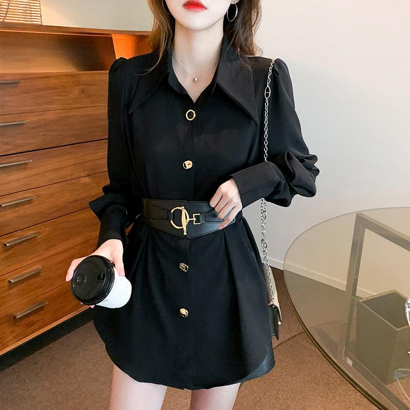 New Spring Elegant Long Sleeve Blouse Metal Buckle With Belt - Trendha