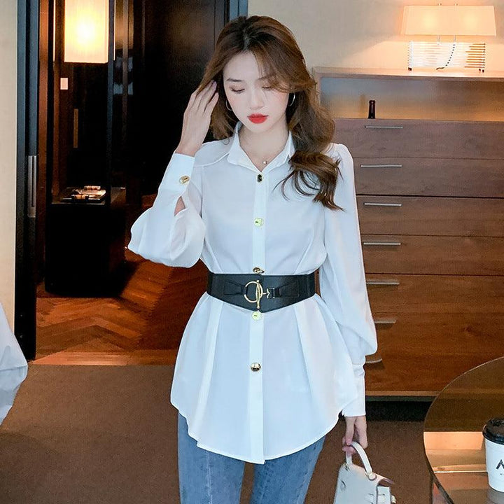 New Spring Elegant Long Sleeve Blouse Metal Buckle With Belt - Trendha