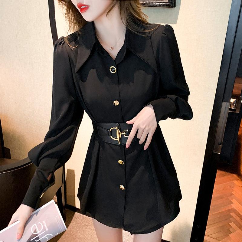 New Spring Elegant Long Sleeve Blouse Metal Buckle With Belt - Trendha