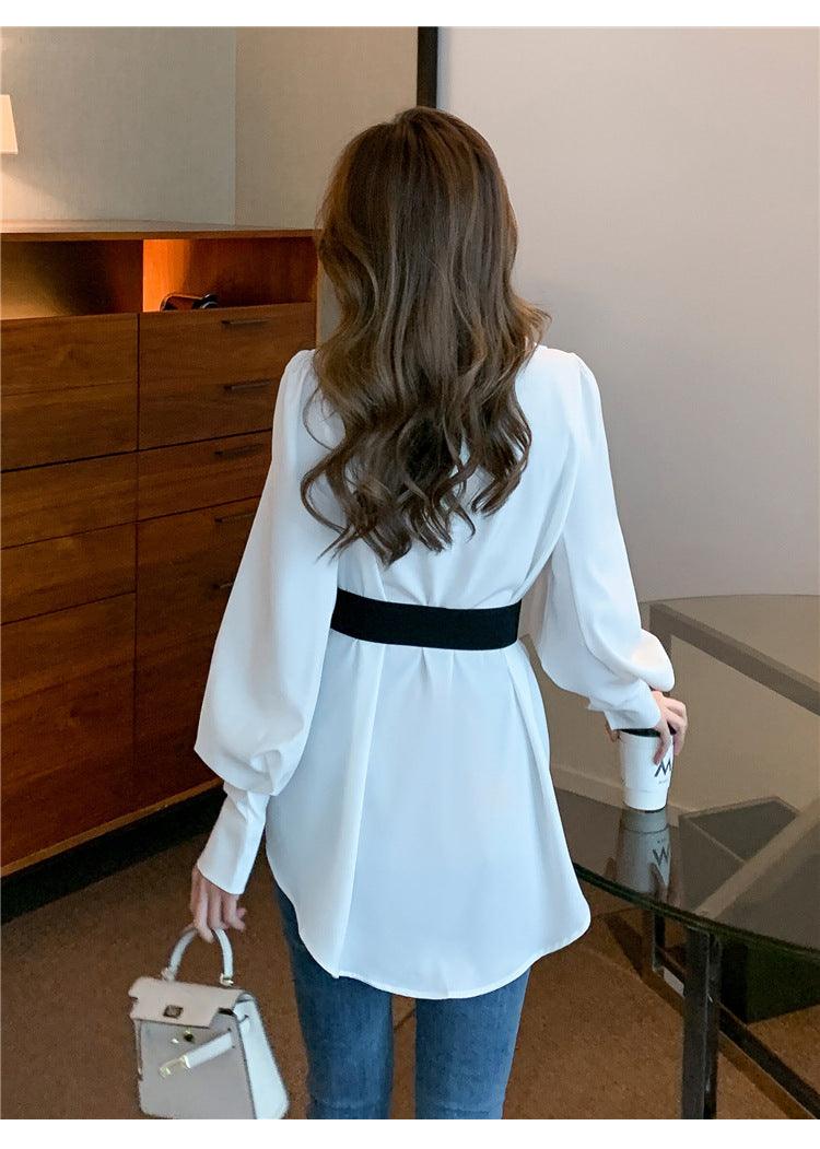 New Spring Elegant Long Sleeve Blouse Metal Buckle With Belt - Trendha