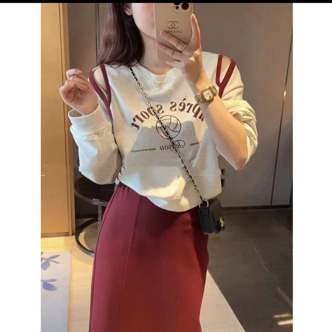 Off-shoulder Hoodie Female Spring Lazy Casual Crewneck Top Thin - Trendha