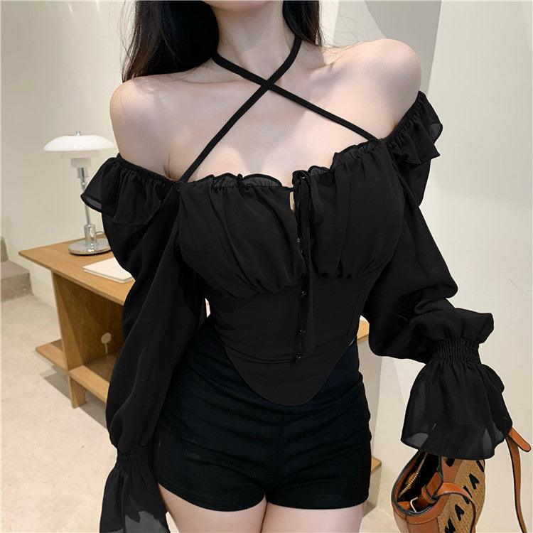 One Line Neck Long Sleeved Ruffled Chiffon Shirt - Trendha
