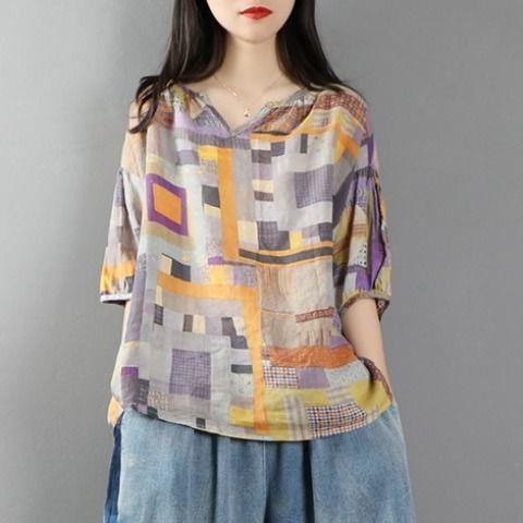 Plus Size Loose Artistic Short-sleeved Blouse Trendy V-neck Irregular Pattern Print Casual Thin T-shirt