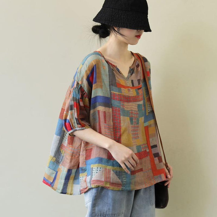 Plus Size Loose Artistic Short-sleeved Blouse Trendy V-neck Irregular Pattern Print Casual Thin T-shirt - Trendha