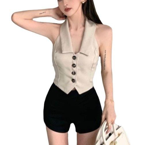 Pure Desire Chic Sweet Hot Girl Short Irregular Design Polo Collar Halter Sleeveless Knitted Vest - Trendha