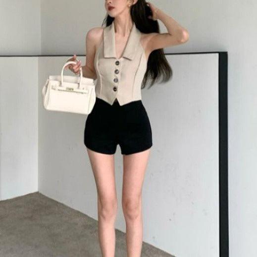 Pure Desire Chic Sweet Hot Girl Short Irregular Design Polo Collar Halter Sleeveless Knitted Vest - Trendha