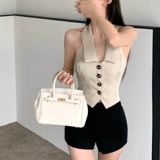 Pure Desire Chic Sweet Hot Girl Short Irregular Design Polo Collar Halter Sleeveless Knitted Vest - Trendha