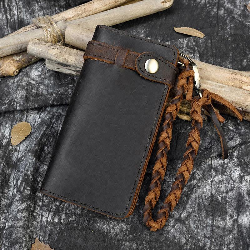 Retro Crazy Horse Leather Long Wallet Men's Buckle Leather Woven Belt Men's Outing Clutch