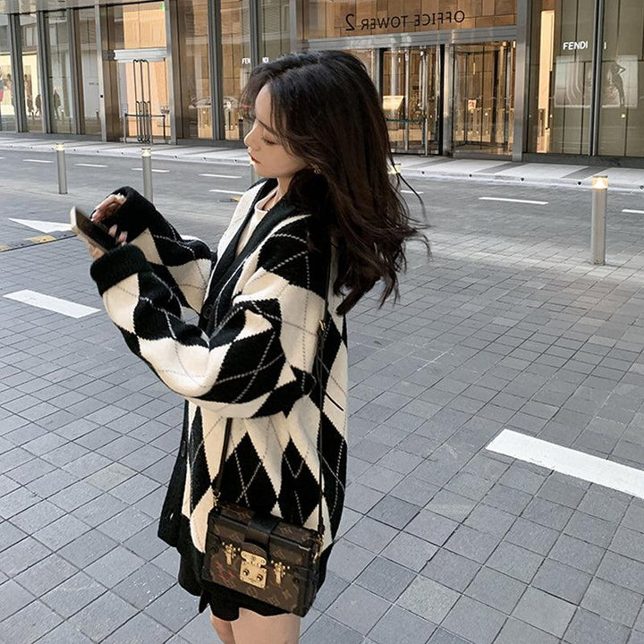 Retro Lazy Loose Rhombus Mid-Length Jacket - Trendha