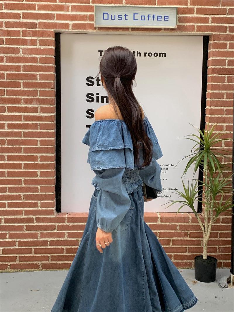 Retro Off-shoulder Waist-controlled Top Large Swing Denim Skirt - Trendha