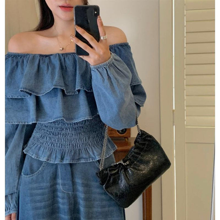 Retro Off-shoulder Waist-controlled Top Large Swing Denim Skirt - Trendha
