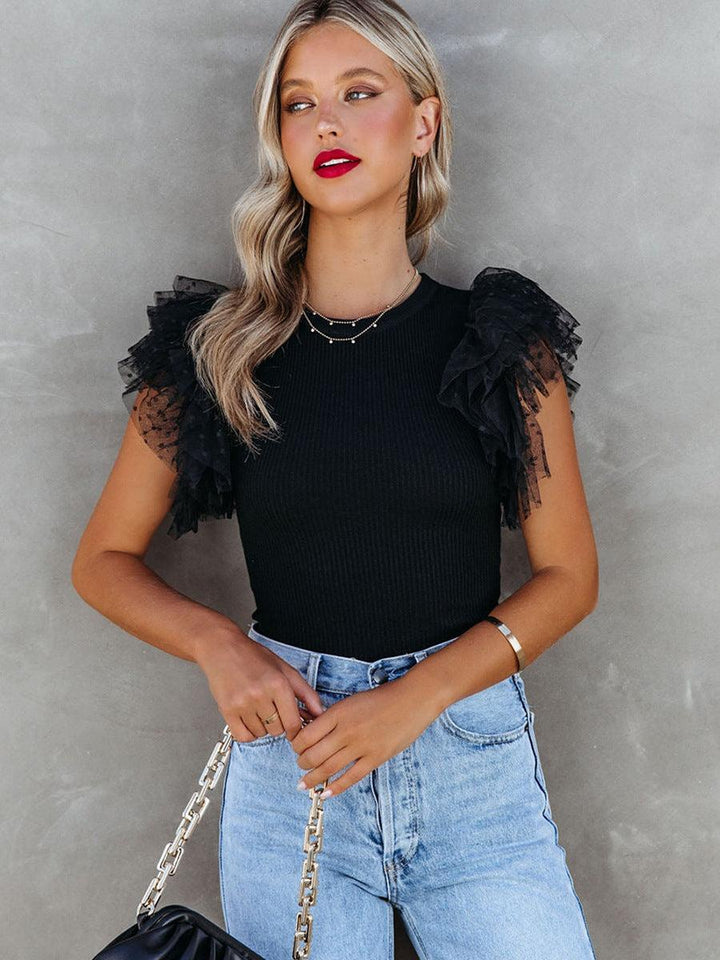 Rib Sunken Stripe See-through Mesh Patchwork Ruffle Sleeve Top - Trendha