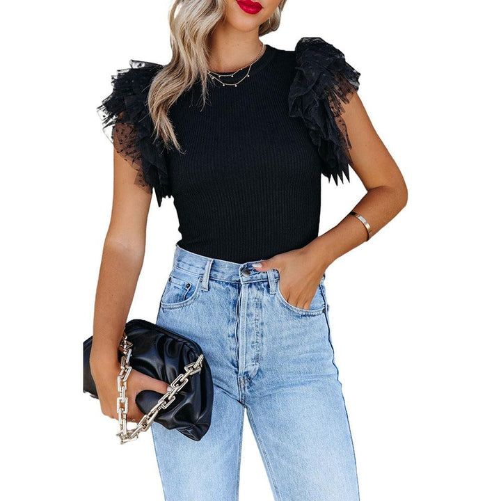 Rib Sunken Stripe See-through Mesh Patchwork Ruffle Sleeve Top - Trendha