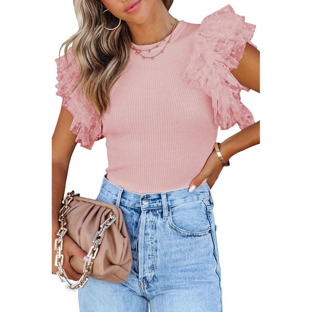 Rib Sunken Stripe See-through Mesh Patchwork Ruffle Sleeve Top - Trendha