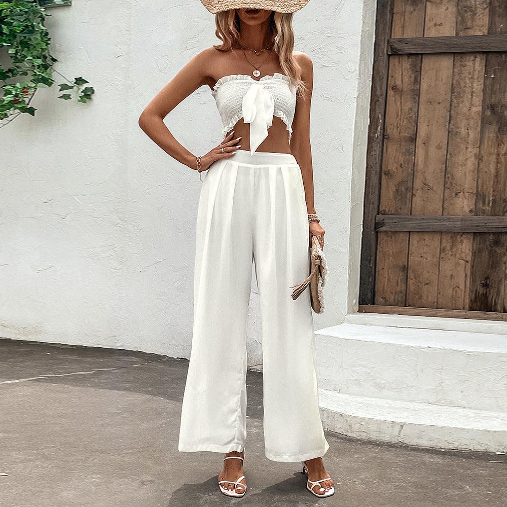 Ruffled Vest Sleeveless Midriff Outfit Long Skirt Suit - Trendha