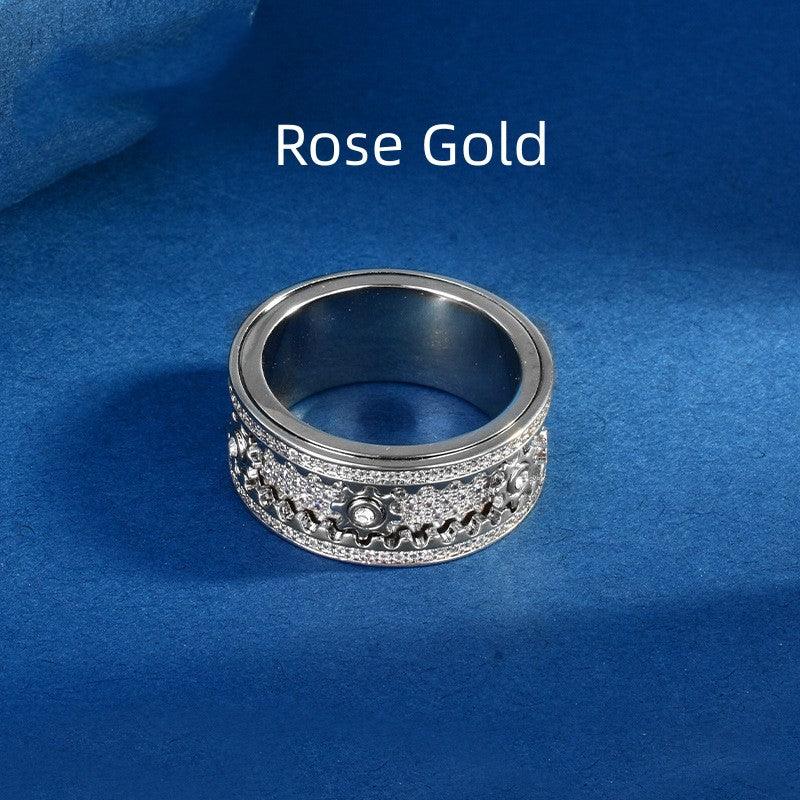S925 Sterling Silver CNC Gear Full Diamond Rotating Ring - Trendha