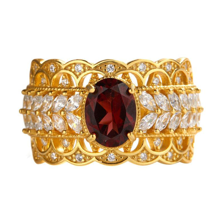 S925 Sterling Silver Inlaid Natural Pomegranate Vintage Lace Ring - Trendha