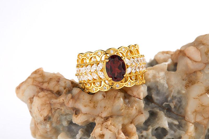 S925 Sterling Silver Inlaid Natural Pomegranate Vintage Lace Ring - Trendha