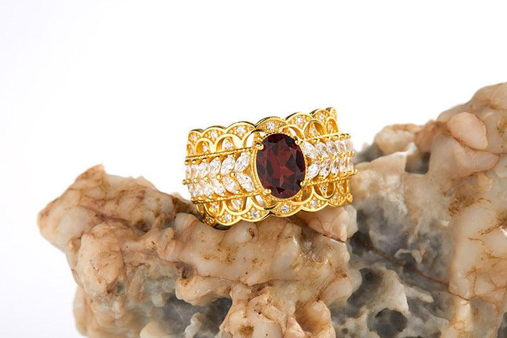 S925 Sterling Silver Inlaid Natural Pomegranate Vintage Lace Ring - Trendha