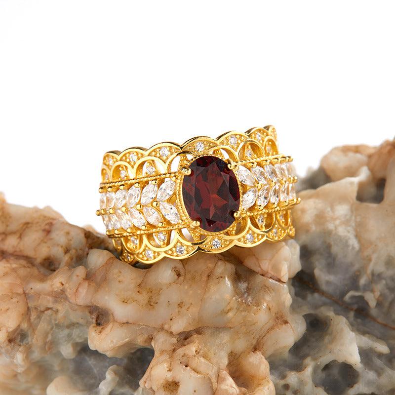 S925 Sterling Silver Inlaid Natural Pomegranate Vintage Lace Ring - Trendha
