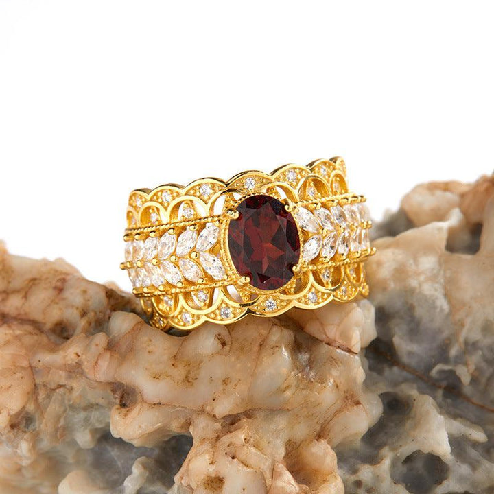 S925 Sterling Silver Inlaid Natural Pomegranate Vintage Lace Ring - Trendha