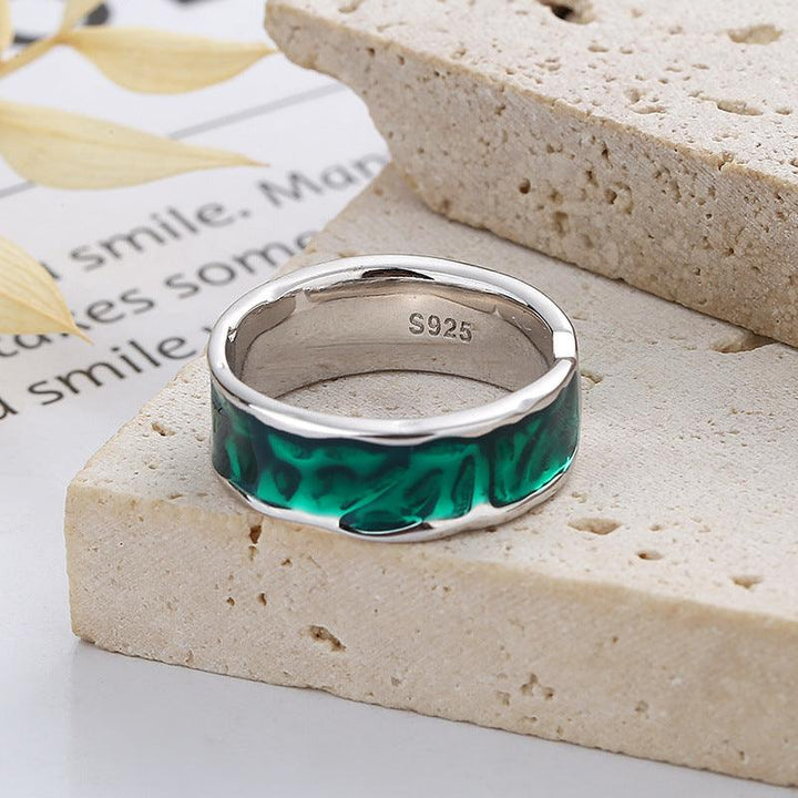 S925 Sterling Silver Irregular Green Dark Pattern Epoxy Ring - Trendha