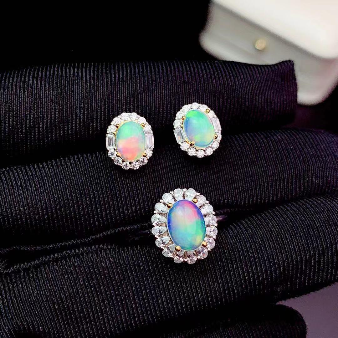 S925 Sterling Silver Natural Opal Rings Ear Studs Necklace - Trendha