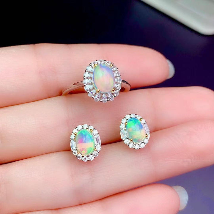 S925 Sterling Silver Natural Opal Rings Ear Studs Necklace - Trendha