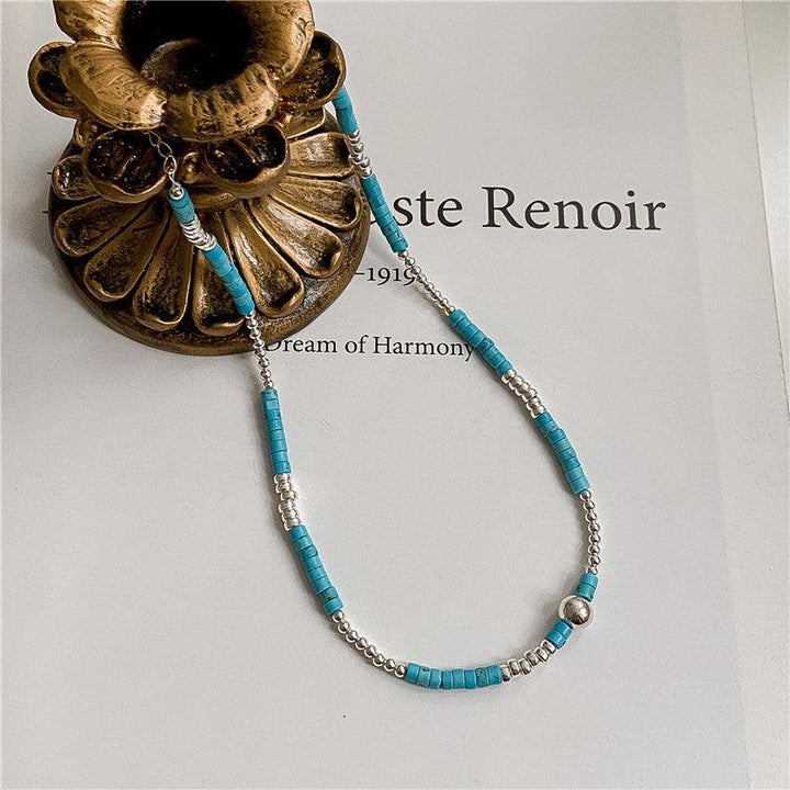 S925 Sterling Silver Turquoise Silver Bead Necklace Handmade - Trendha