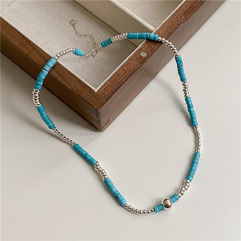S925 Sterling Silver Turquoise Silver Bead Necklace Handmade - Trendha